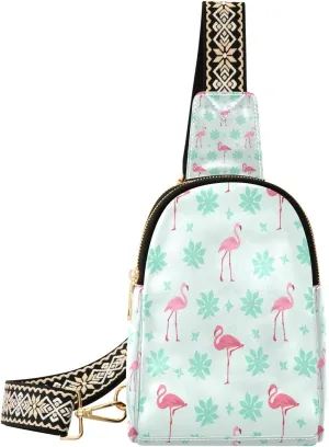 Small Sling Bag Waist Packs Leather Crossbody Packs Chest Bag Ping Flamingos and Green Glass for Women Travel Belt Purse