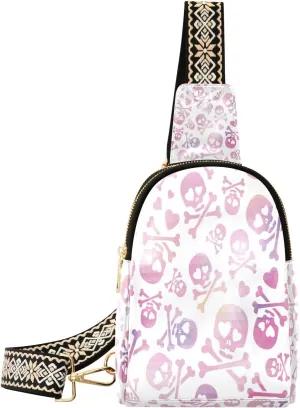 Small Sling Bag Waist Packs Leather Crossbody Packs Chest Bag Purple Skull for Women Travel Belt Purse