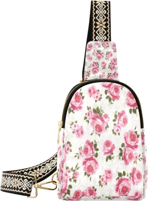 Small Sling Bag Waist Packs Leather Crossbody Packs Chest Bag Rose Flowers for Women Travel Belt Purse