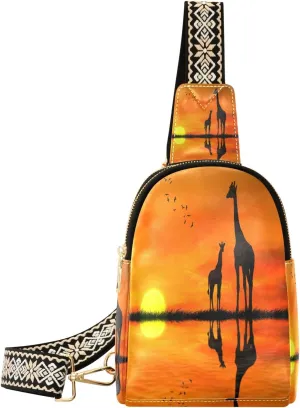 Small Sling Bag Waist Packs Leather Crossbody Packs Chest Bag Sunset Giraffe for Women Travel Belt Purse