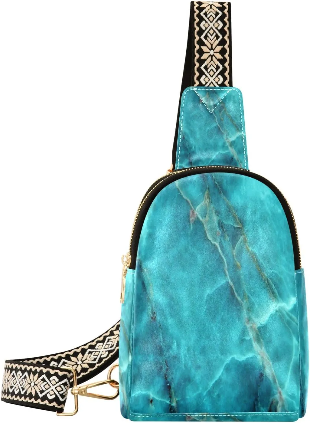 Small Sling Bag Waist Packs Leather Crossbody Packs Chest Bag Teal Green Marble Texture for Women Travel Belt Purse