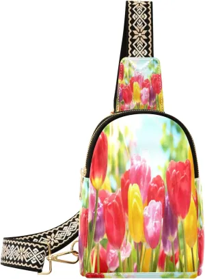 Small Sling Bag Waist Packs Leather Crossbody Packs Chest Bag Tulips Flower Garden for Women Travel Belt Purse