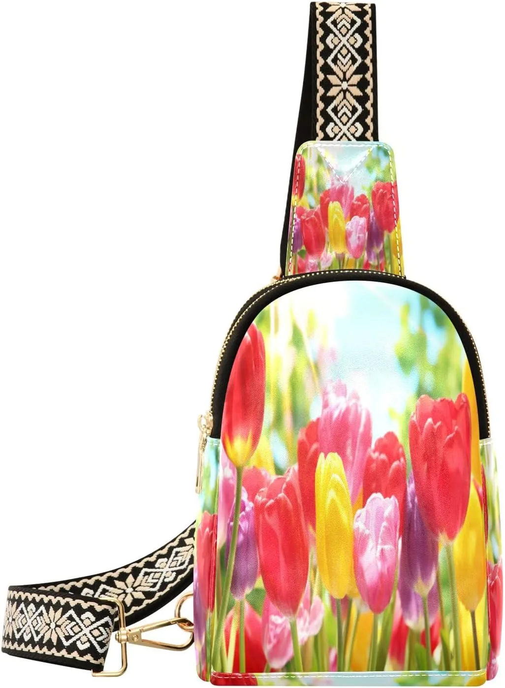 Small Sling Bag Waist Packs Leather Crossbody Packs Chest Bag Tulips Flower Garden for Women Travel Belt Purse