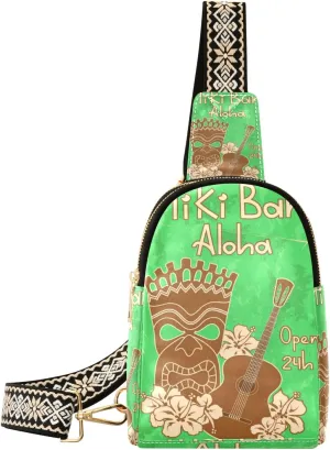 Small Sling Bag Waist Packs Leather Crossbody Packs Chest Bag Vintage Tiki Bar for Women Travel Belt Purse
