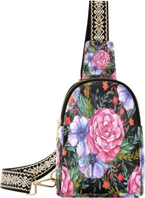 Small Sling Bag Waist Packs Leather Crossbody Packs Chest Bag Watercolor Floral Pattern for Women Travel Belt Purse