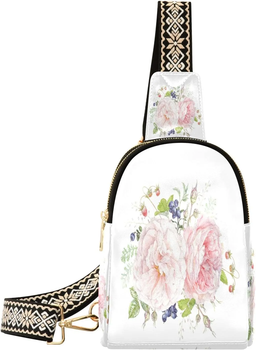 Small Sling Bag Waist Packs Leather Crossbody Packs Chest Bag Watercolor Pink Rose Flowers for Women Travel Belt Purse
