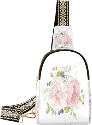 Small Sling Bag Waist Packs Leather Crossbody Packs Chest Bag Watercolor Pink Rose Flowers for Women Travel Belt Purse