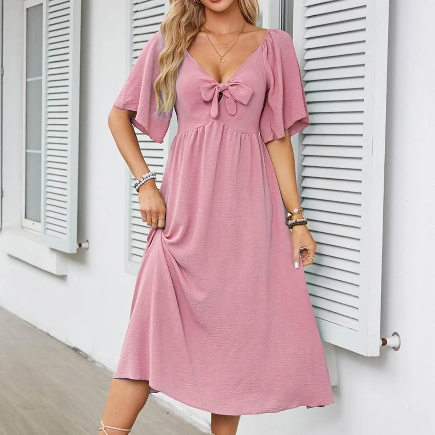 Summer Dresses for Women 2025 Casual Short Sleeve Trendy Bow Tie V Neck Ruffle Flowy Swing Midi Dresses Plus Size