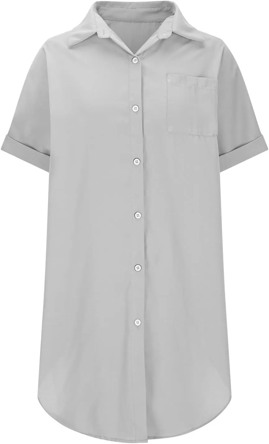 Summer Dresses for Women 2025 Lapel Neck Short Sleeve Shirt Dress Cotton Linen Button Down Mini Dress with Pockets