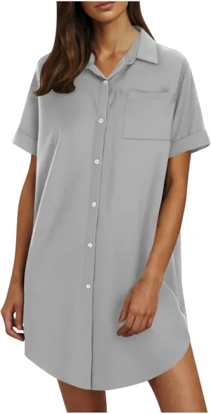 Summer Dresses for Women 2025 Lapel Neck Short Sleeve Shirt Dress Cotton Linen Button Down Mini Dress with Pockets