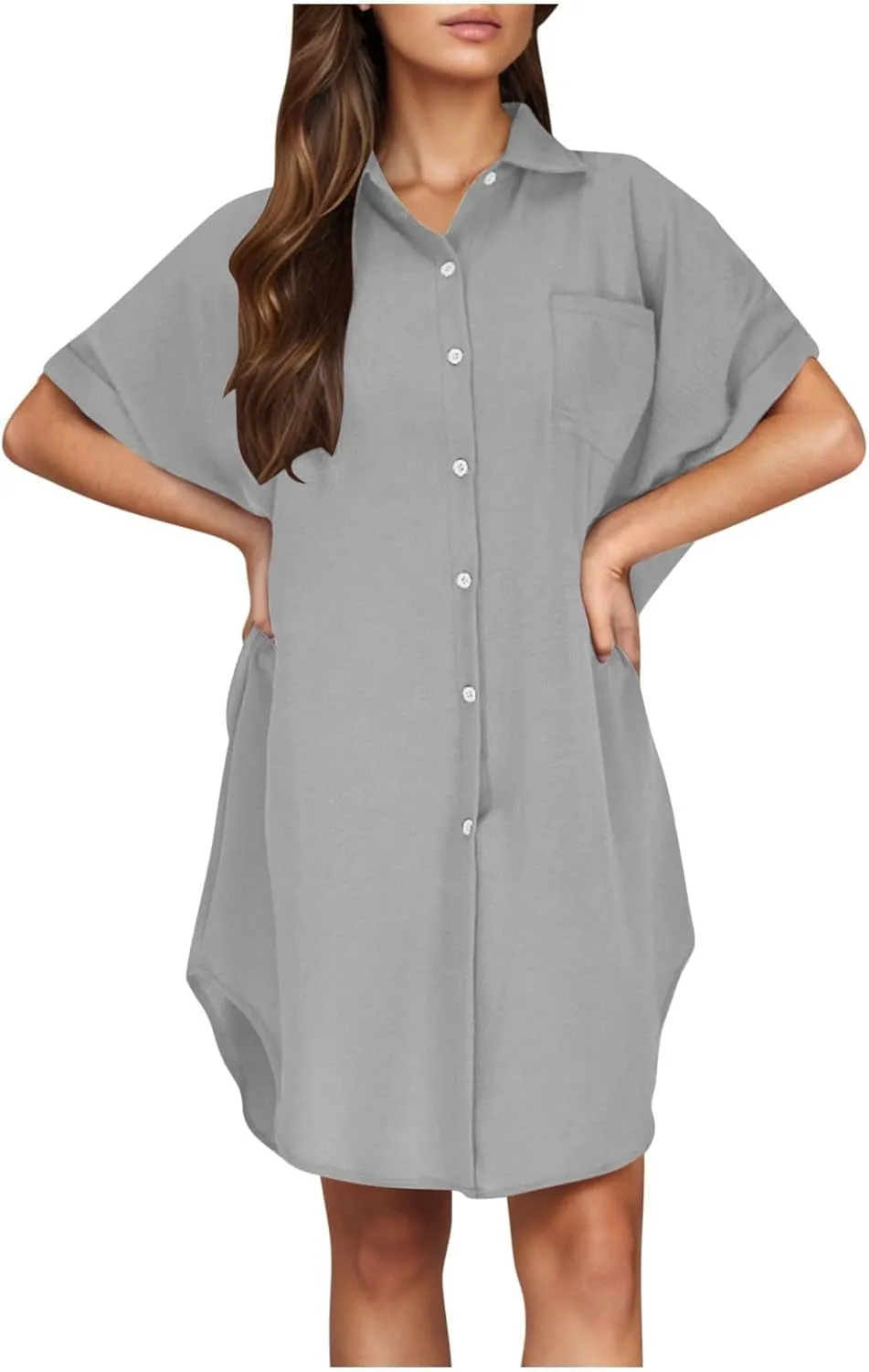 Summer Dresses for Women 2025 Lapel Neck Short Sleeve Shirt Dress Cotton Linen Button Down Mini Dress with Pockets