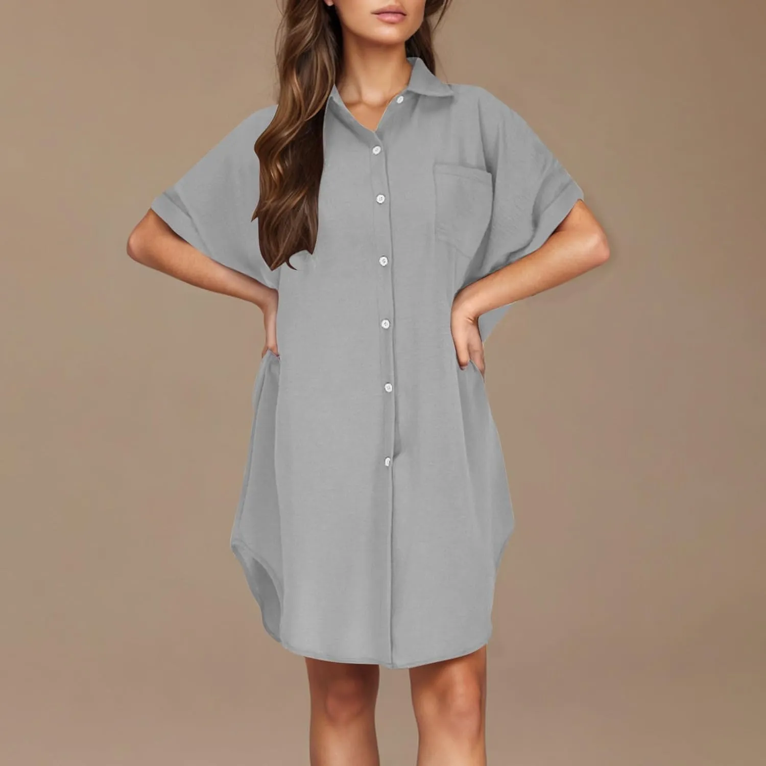 Summer Dresses for Women 2025 Lapel Neck Short Sleeve Shirt Dress Cotton Linen Button Down Mini Dress with Pockets