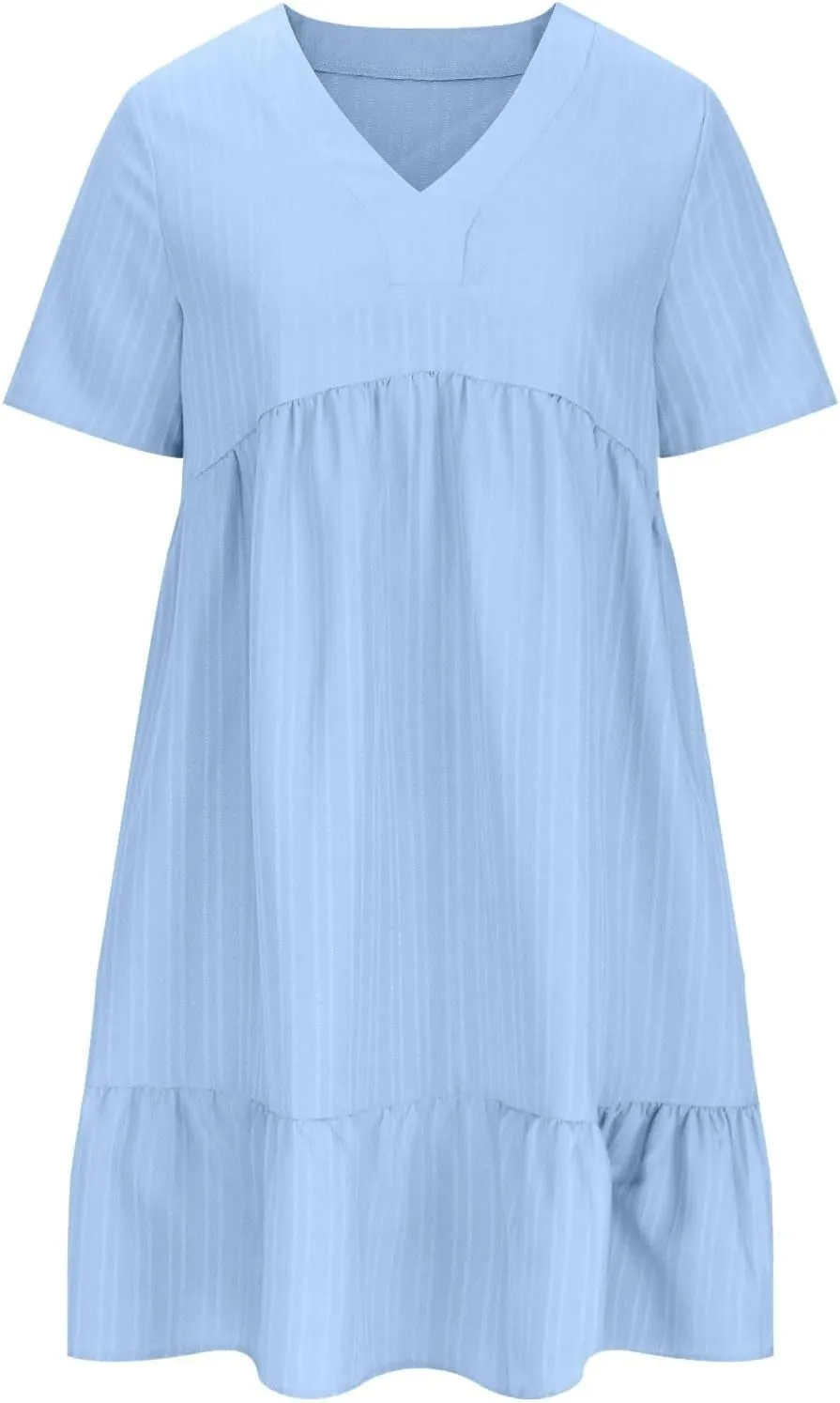 Summer Textured Dresses for Women Short Sleeve V Neck Trendy Sundress Casual Soft Boho Ruffle Dress Beachwear