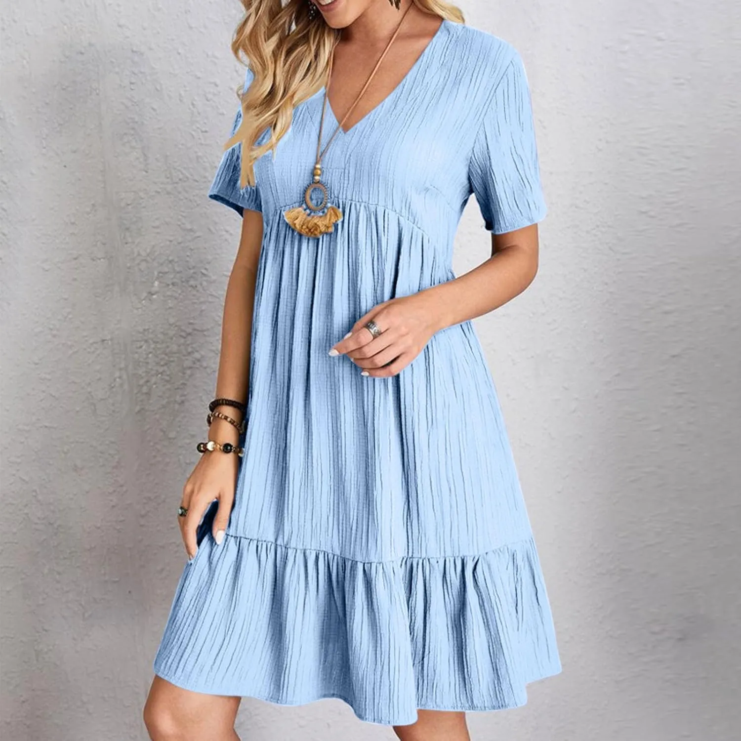 Summer Textured Dresses for Women Short Sleeve V Neck Trendy Sundress Casual Soft Boho Ruffle Dress Beachwear