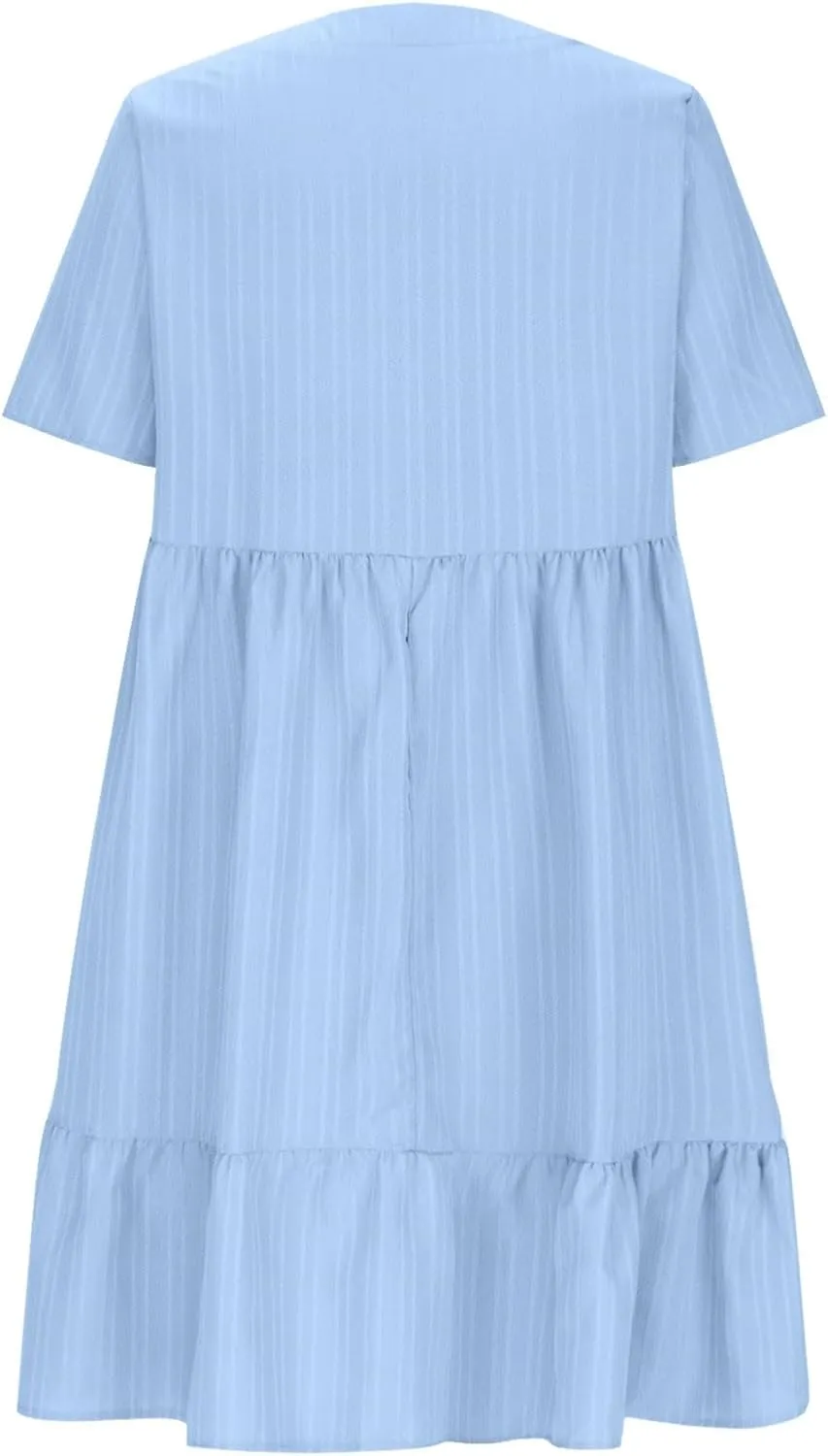 Summer Textured Dresses for Women Short Sleeve V Neck Trendy Sundress Casual Soft Boho Ruffle Dress Beachwear