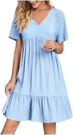 Summer Textured Dresses for Women Short Sleeve V Neck Trendy Sundress Casual Soft Boho Ruffle Dress Beachwear