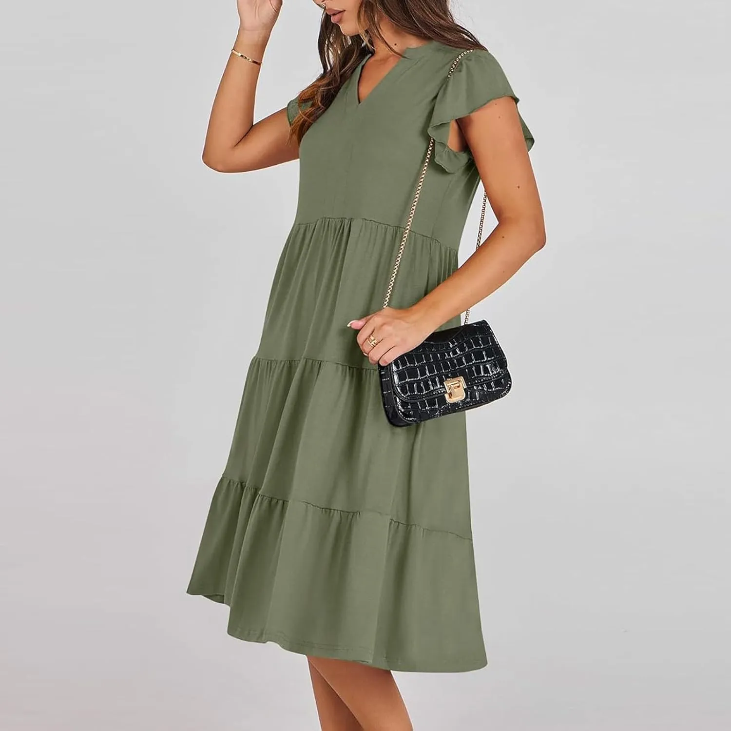 Sundresses for Women 2024 Flowy Cap Sleeve Tiered Ruffle Beach Dress Casual Summer Boho V Neck Midi Dress with Pocket