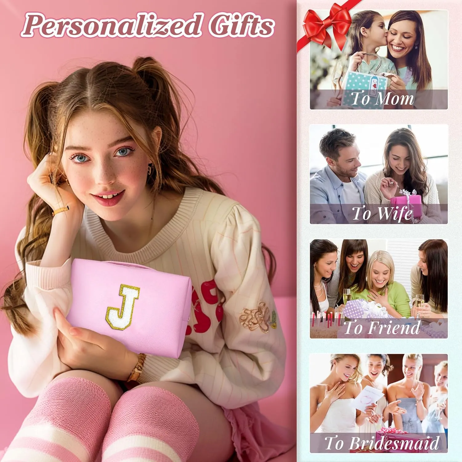 TOPEAST Easter Basket Stuffers for Kids Teen Girls - Initial Makeup Bag with Zipper, 2 PCS Makeup Pouch PU Leather Waterproof Travel Toiletry Bag for Women Girls (Pink A)