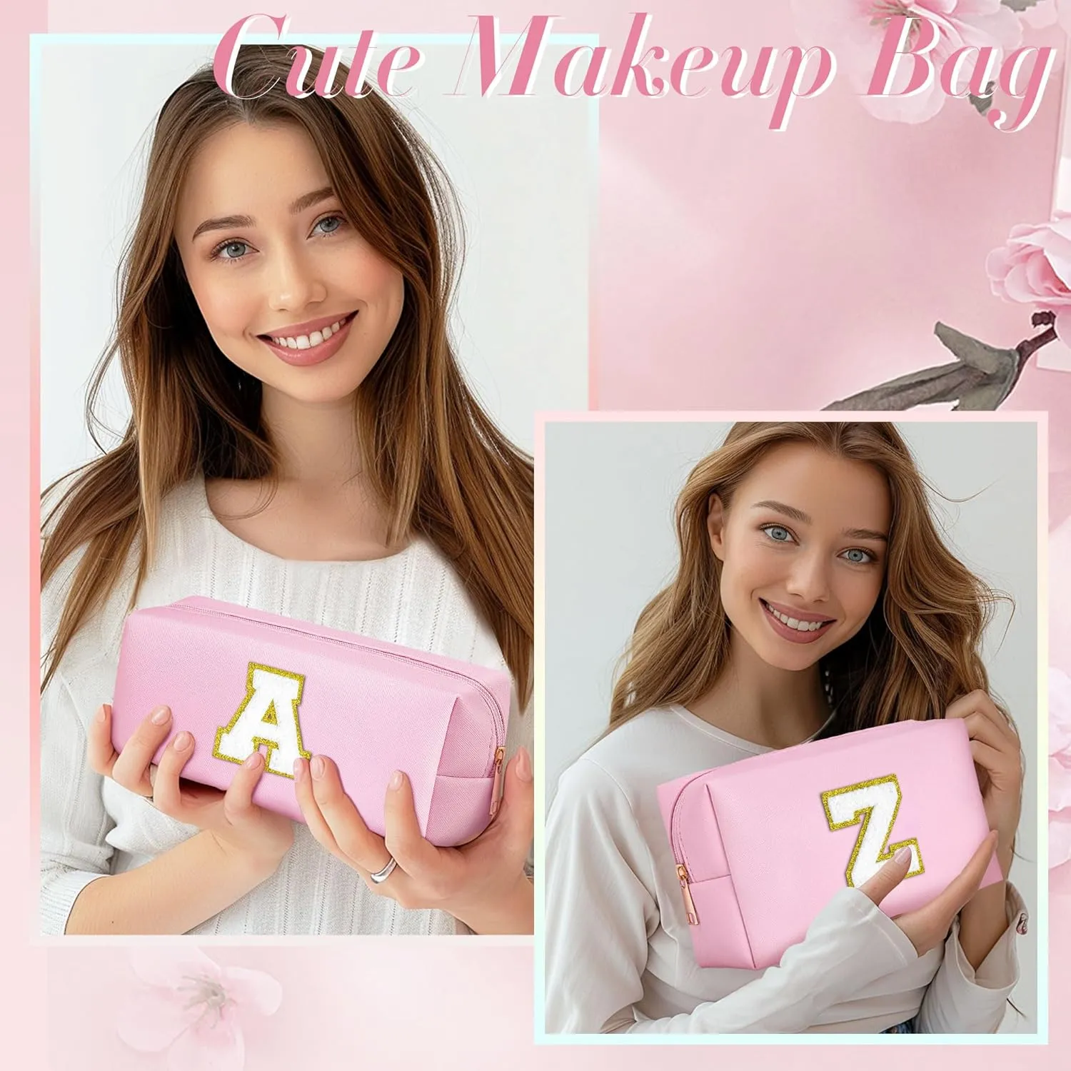 TOPEAST Easter Basket Stuffers for Kids Teen Girls - Initial Makeup Bag with Zipper, 2 PCS Makeup Pouch PU Leather Waterproof Travel Toiletry Bag for Women Girls (Pink A)