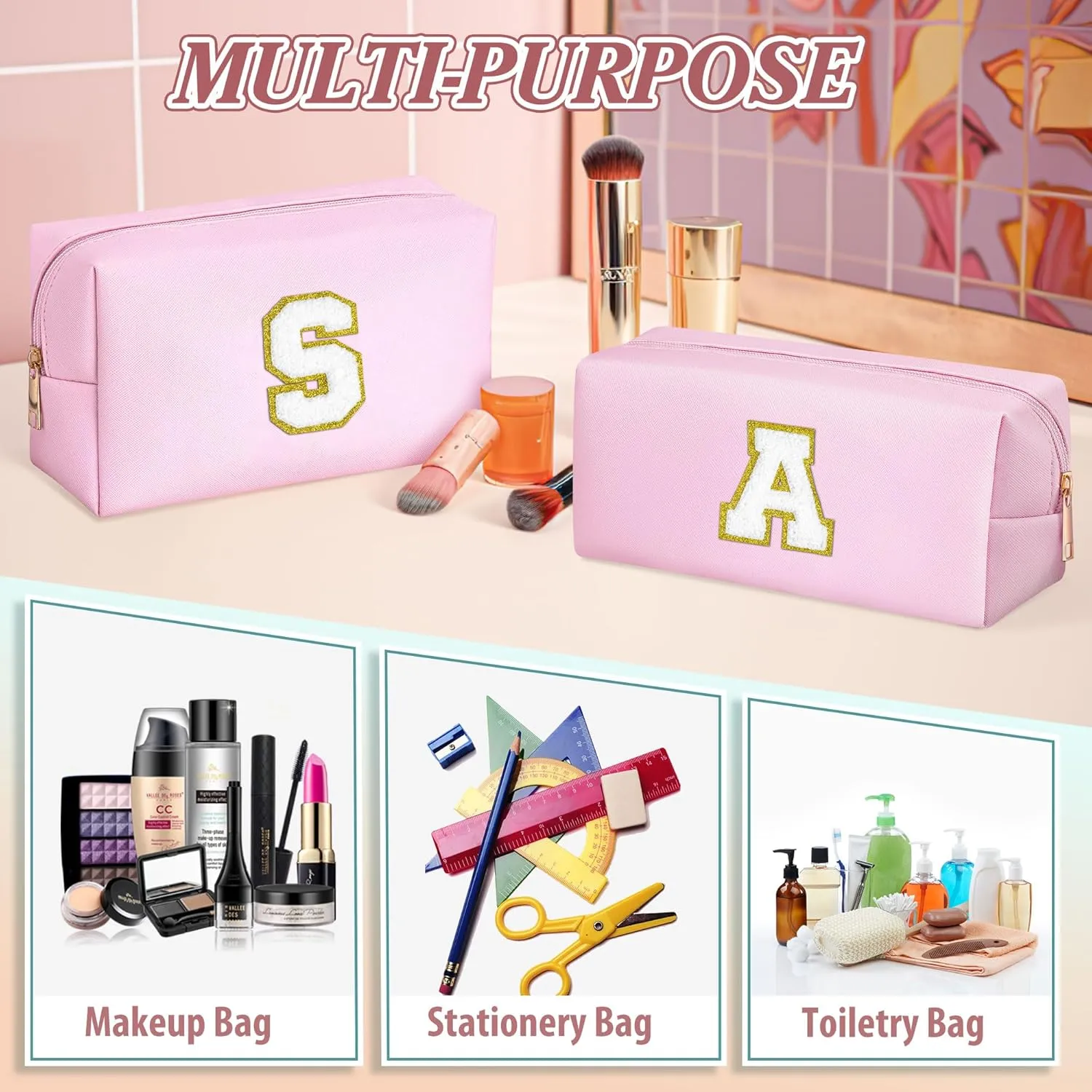 TOPEAST Easter Basket Stuffers for Kids Teen Girls - Initial Makeup Bag with Zipper, 2 PCS Makeup Pouch PU Leather Waterproof Travel Toiletry Bag for Women Girls (Pink A)