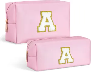 TOPEAST Easter Basket Stuffers for Kids Teen Girls - Initial Makeup Bag with Zipper, 2 PCS Makeup Pouch PU Leather Waterproof Travel Toiletry Bag for Women Girls (Pink A)