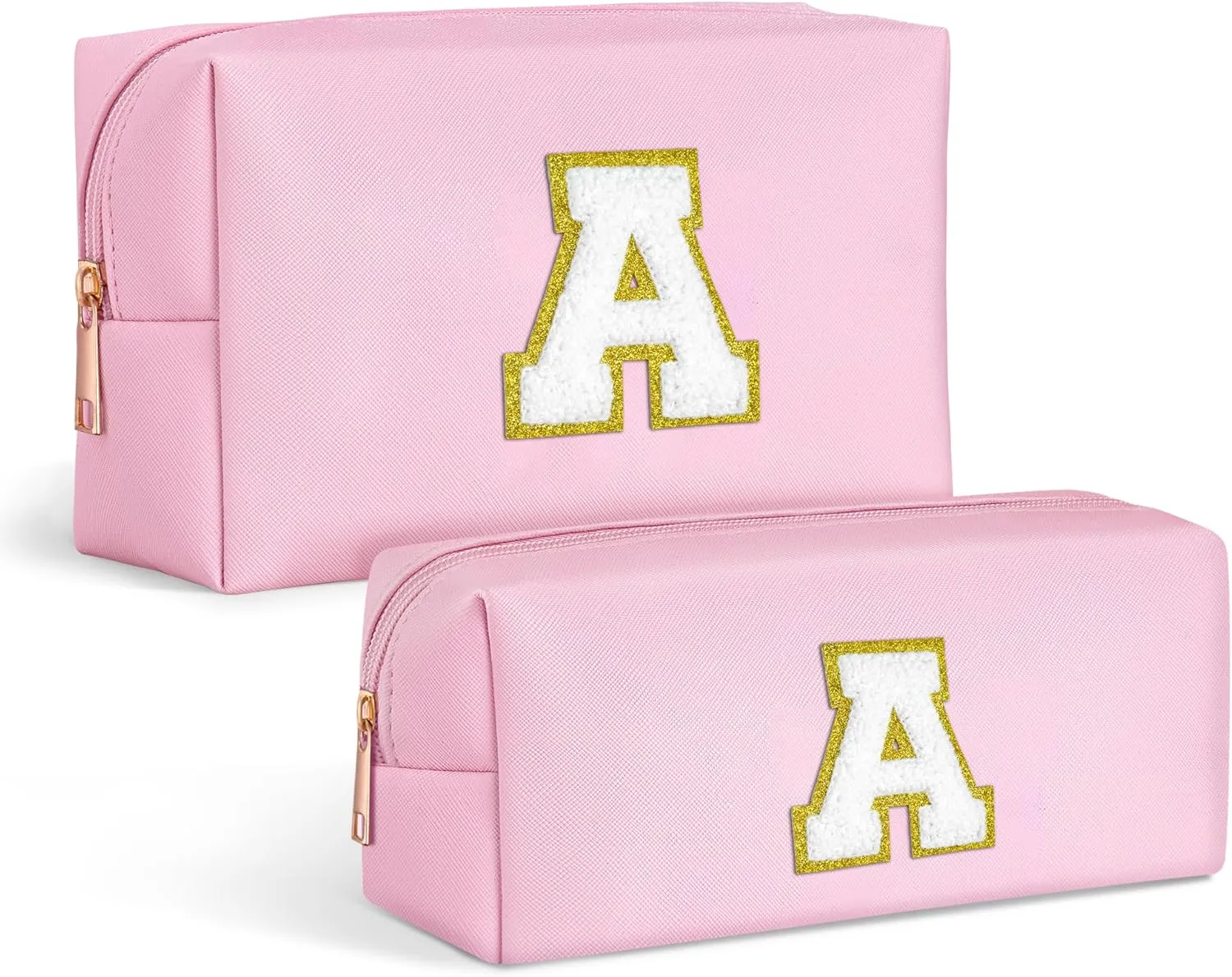 TOPEAST Easter Basket Stuffers for Kids Teen Girls - Initial Makeup Bag with Zipper, 2 PCS Makeup Pouch PU Leather Waterproof Travel Toiletry Bag for Women Girls (Pink A)