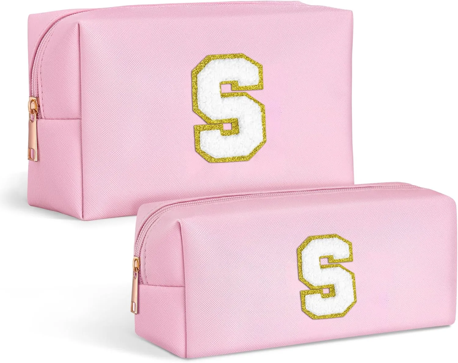 TOPEAST Makeup Bags for Women 2 Pack Personalized Initial Letter Makeup Bag Set, Monogram Cute Makeup Bag PU Leather Waterproof Travel Toiletry Bag Personalized Birthday Gifts For Women, Pink S