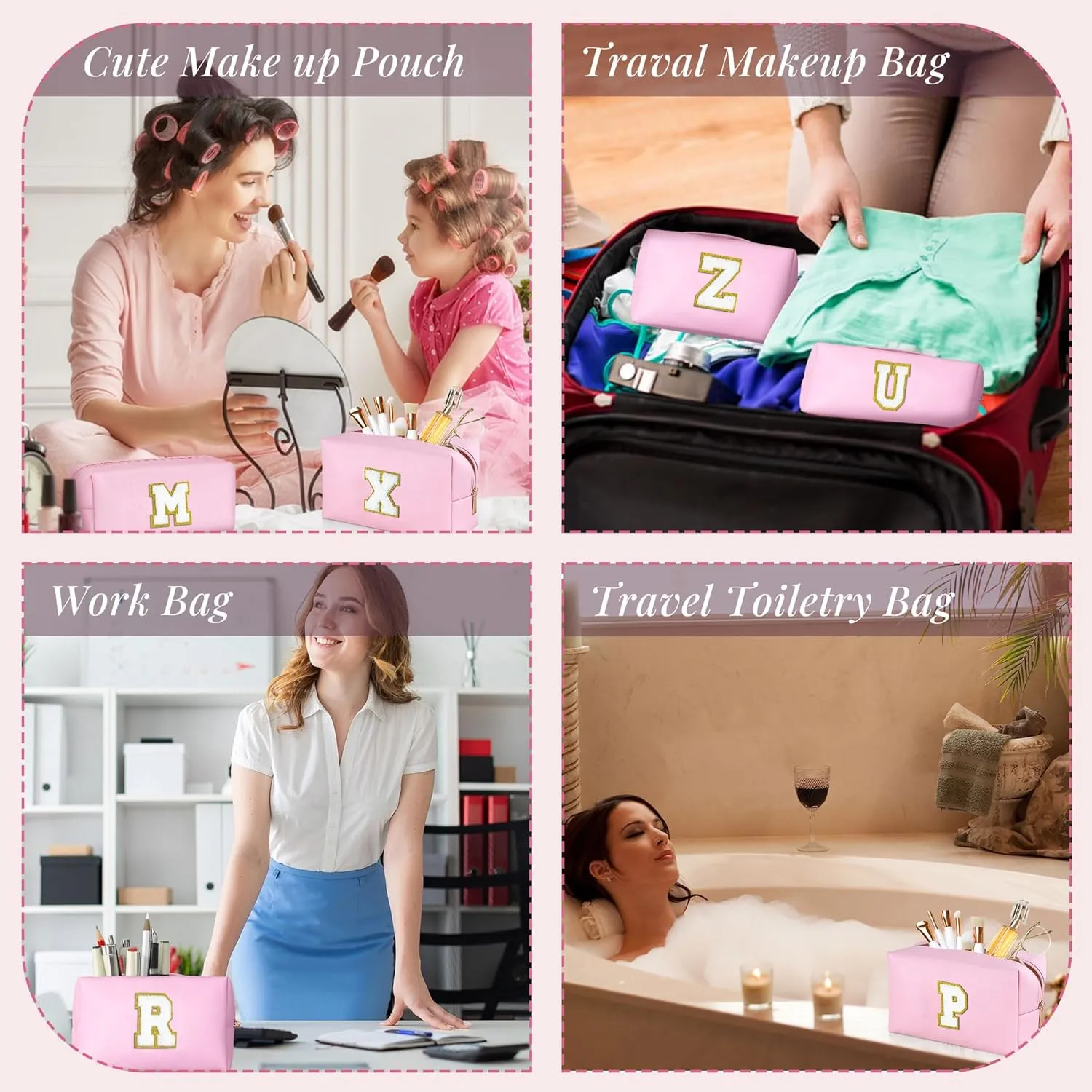 TOPEAST Makeup Bags for Women 2 Pack Personalized Initial Letter Makeup Bag Set, Monogram Cute Makeup Bag PU Leather Waterproof Travel Toiletry Bag Personalized Birthday Gifts For Women, Pink S