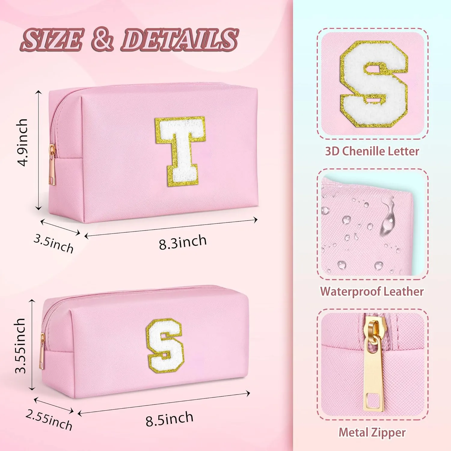 TOPEAST Makeup Bags for Women 2 Pack Personalized Initial Letter Makeup Bag Set, Monogram Cute Makeup Bag PU Leather Waterproof Travel Toiletry Bag Personalized Birthday Gifts For Women, Pink S