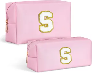 TOPEAST Makeup Bags for Women 2 Pack Personalized Initial Letter Makeup Bag Set, Monogram Cute Makeup Bag PU Leather Waterproof Travel Toiletry Bag Personalized Birthday Gifts For Women, Pink S