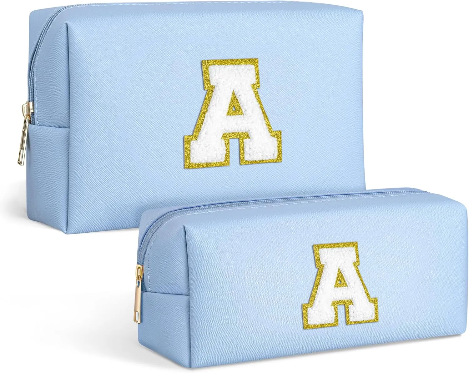 TOPEAST Personalized Gifts Make Up Bag, 2 PCS Monogram Cute Initial Makeup Bag PU Leather Chenille Letters Waterproof Travel Toiletry Bag Personalized Birthday Gifts For Women, Blue A