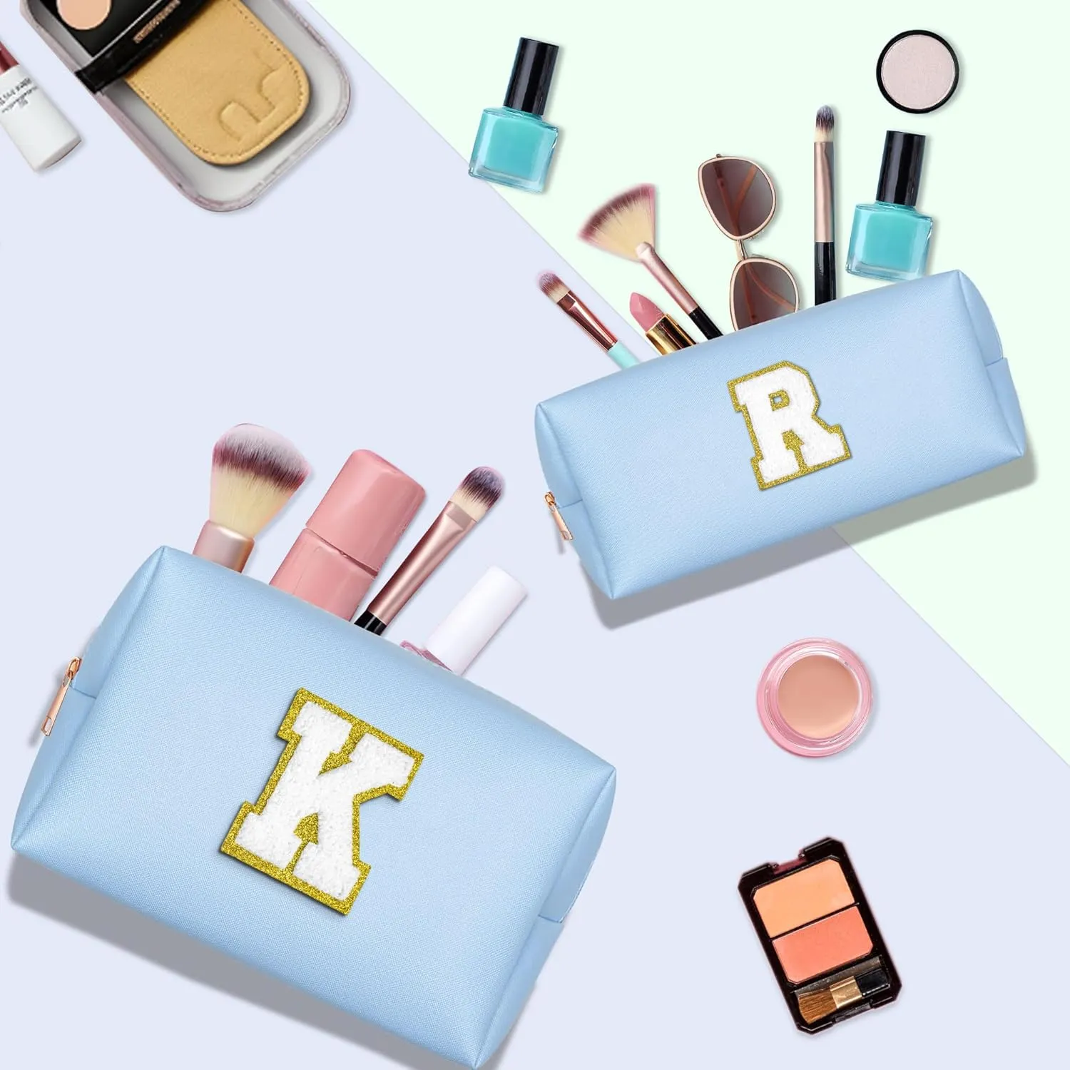 TOPEAST Personalized Gifts Make Up Bag, 2 PCS Monogram Cute Initial Makeup Bag PU Leather Chenille Letters Waterproof Travel Toiletry Bag Personalized Birthday Gifts For Women, Blue A
