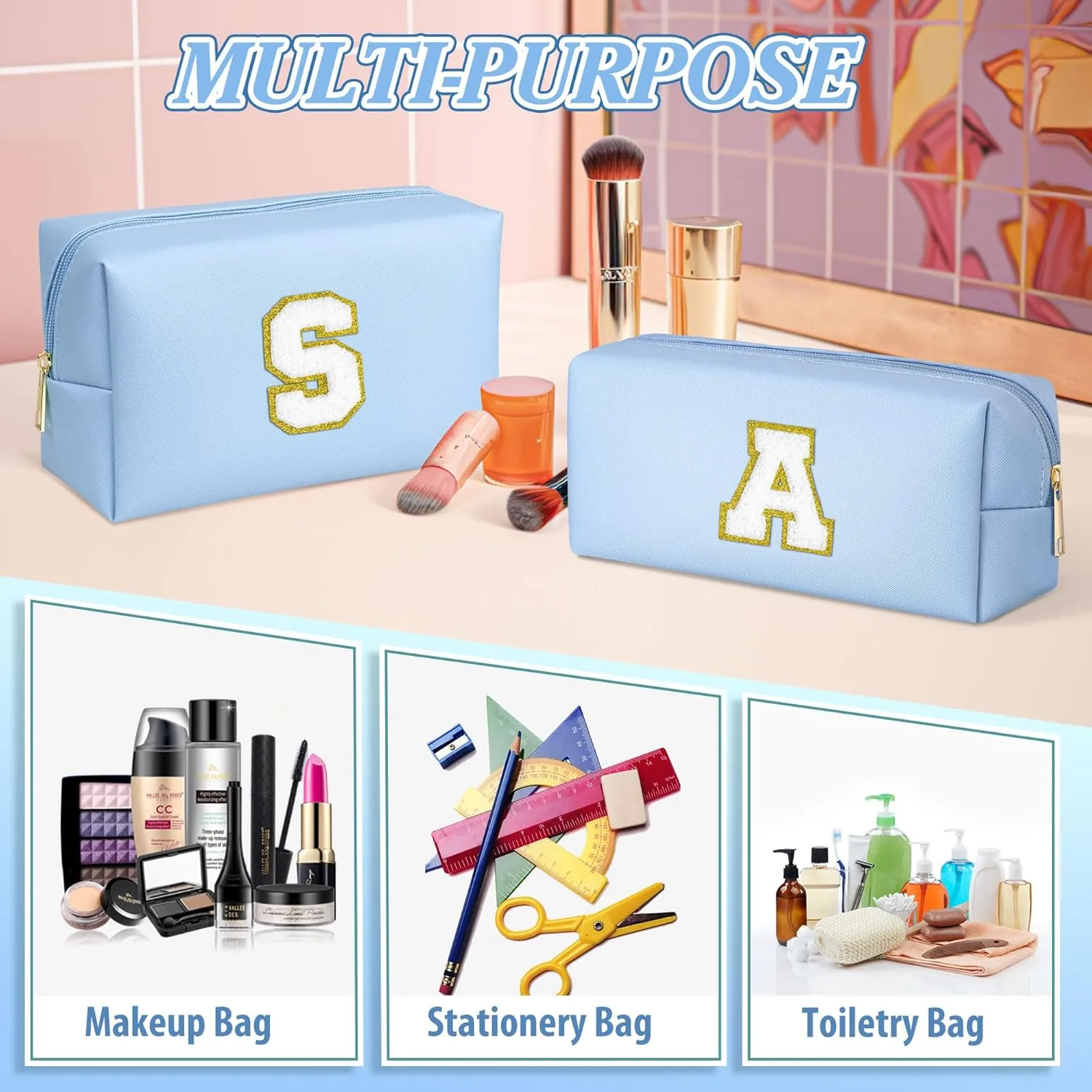TOPEAST Personalized Gifts Make Up Bag, 2 PCS Monogram Cute Initial Makeup Bag PU Leather Chenille Letters Waterproof Travel Toiletry Bag Personalized Birthday Gifts For Women, Blue A