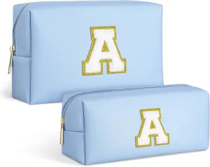 TOPEAST Personalized Gifts Make Up Bag, 2 PCS Monogram Cute Initial Makeup Bag PU Leather Chenille Letters Waterproof Travel Toiletry Bag Personalized Birthday Gifts For Women, Blue A
