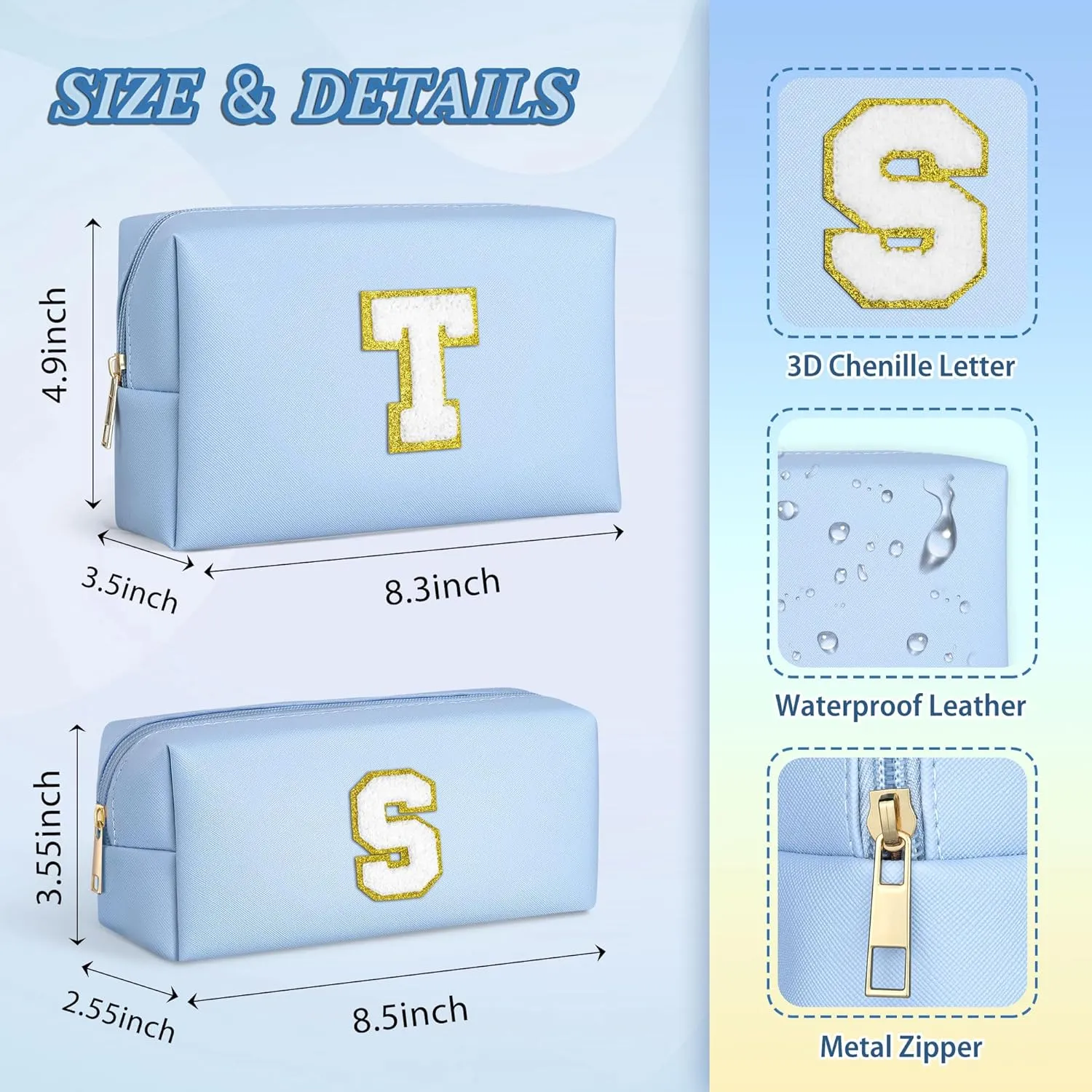 TOPEAST Personalized Gifts Make Up Bag, 2 PCS Monogram Cute Initial Makeup Bag PU Leather Chenille Letters Waterproof Travel Toiletry Bag Personalized Birthday Gifts For Women, Blue A