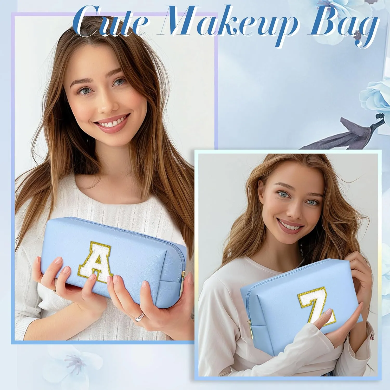 TOPEAST Personalized Gifts Make Up Bag, 2 PCS Monogram Cute Initial Makeup Bag PU Leather Chenille Letters Waterproof Travel Toiletry Bag Personalized Birthday Gifts For Women, Blue A