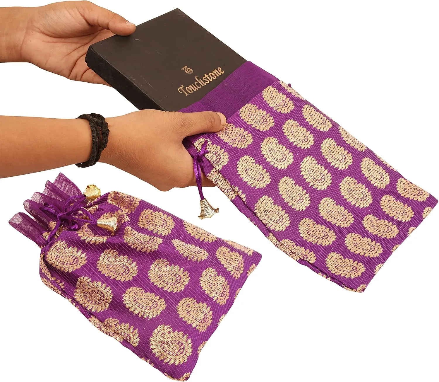 Touchstone Gorgeous Gift Wrapping bags reusable Large Drawstring Paisley Brocade for birthdays, wedding, return present packing set. pack of 9. 9x7 inches