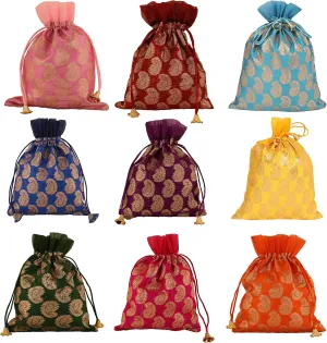 Touchstone Gorgeous Gift Wrapping bags reusable Large Drawstring Paisley Brocade for birthdays, wedding, return present packing set. pack of 9. 9x7 inches