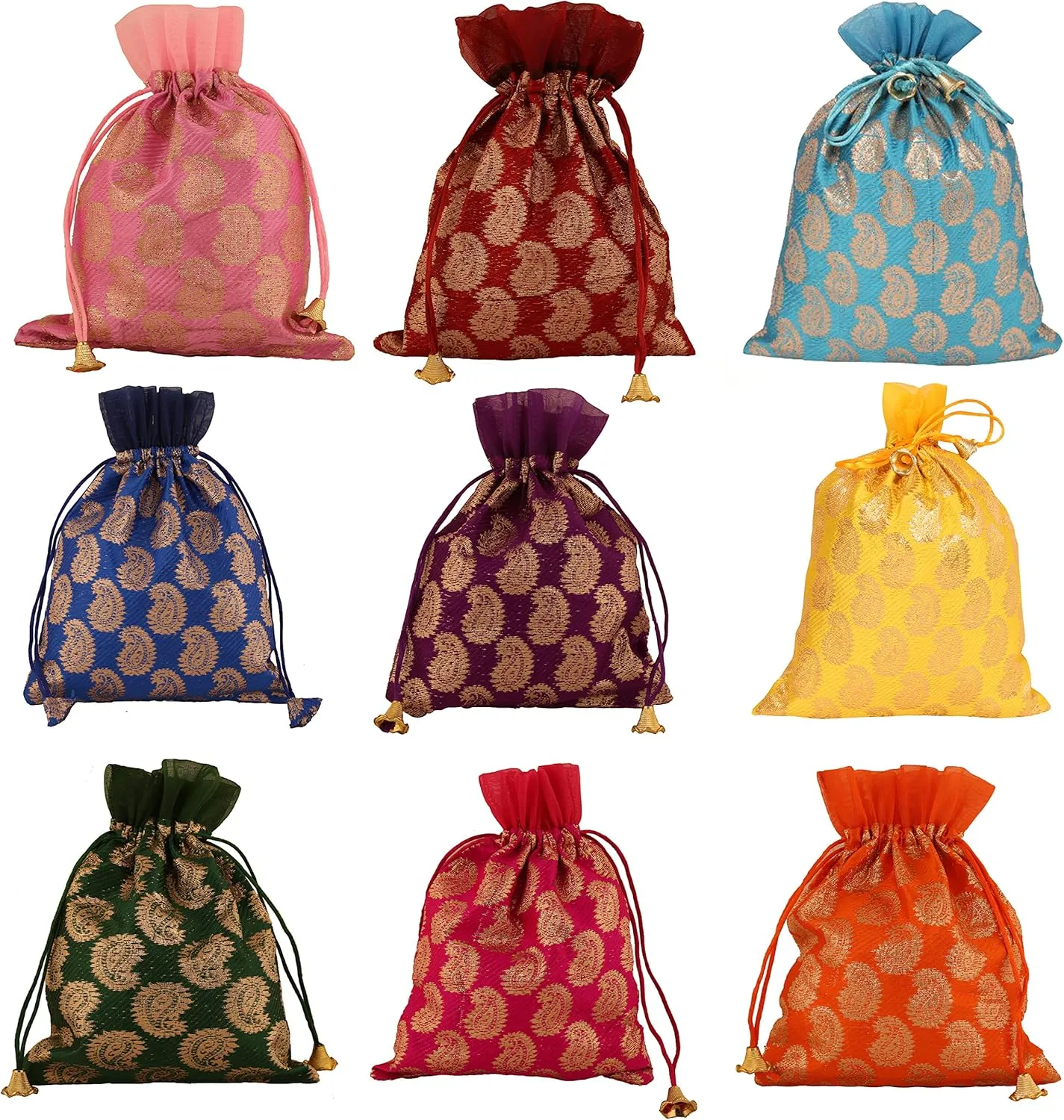 Touchstone Gorgeous Gift Wrapping bags reusable Large Drawstring Paisley Brocade for birthdays, wedding, return present packing set. pack of 9. 9x7 inches