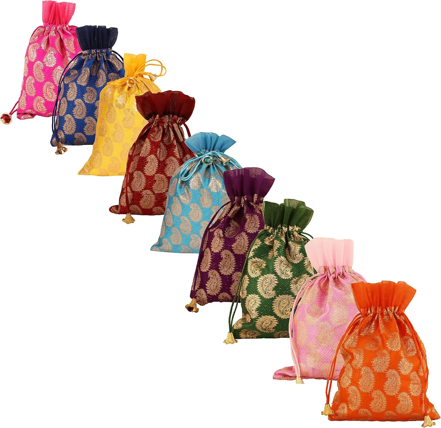 Touchstone Gorgeous Gift Wrapping bags reusable Large Drawstring Paisley Brocade for birthdays, wedding, return present packing set. pack of 9. 9x7 inches