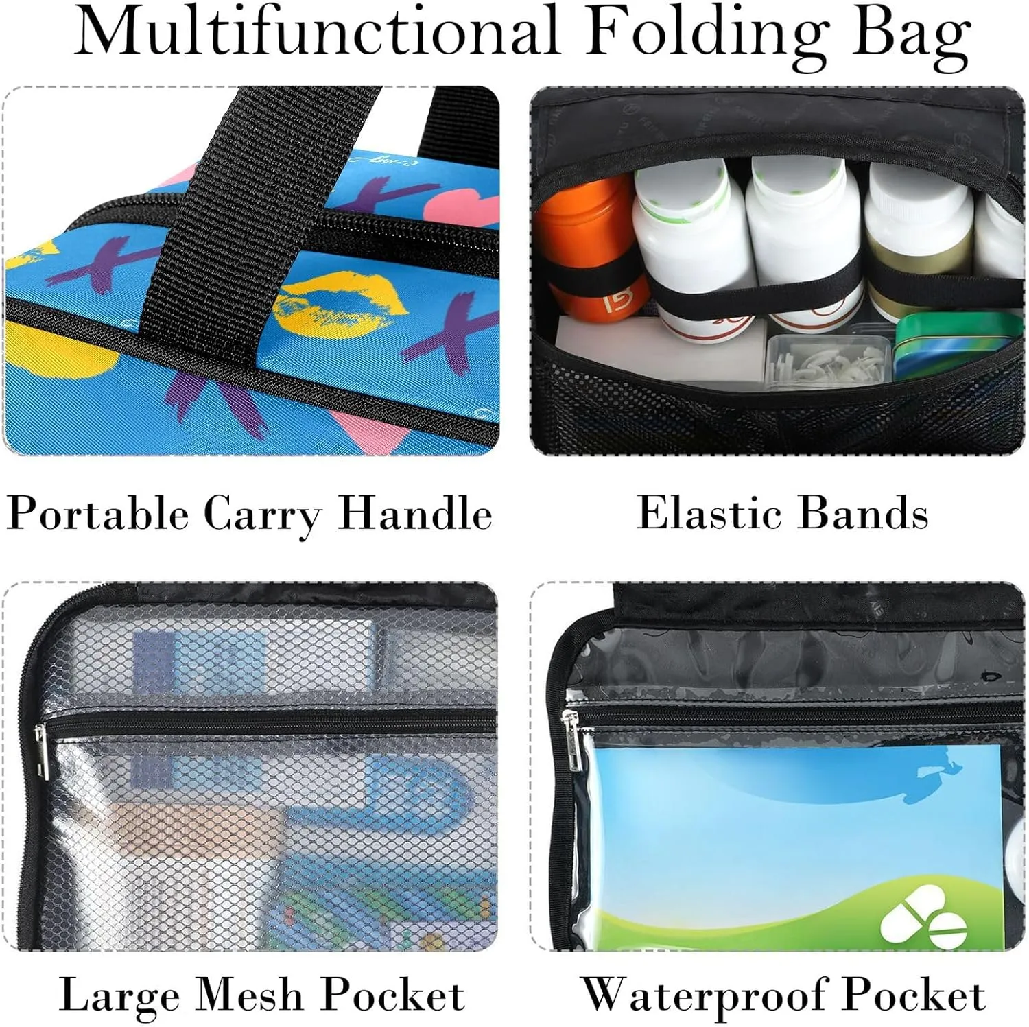 Travel Toiletry Bag for Woman/Men,Xo Valentine's Day Kisses and Hugs Blue Hanging Organizer Bag with Pockets Portable Folding Travel Case Bags for Makeup Cosmetic Toiletries Storage Traveling-L