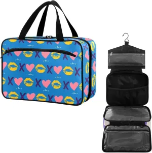 Travel Toiletry Bag for Woman/Men,Xo Valentine's Day Kisses and Hugs Blue Hanging Organizer Bag with Pockets Portable Folding Travel Case Bags for Makeup Cosmetic Toiletries Storage Traveling-L