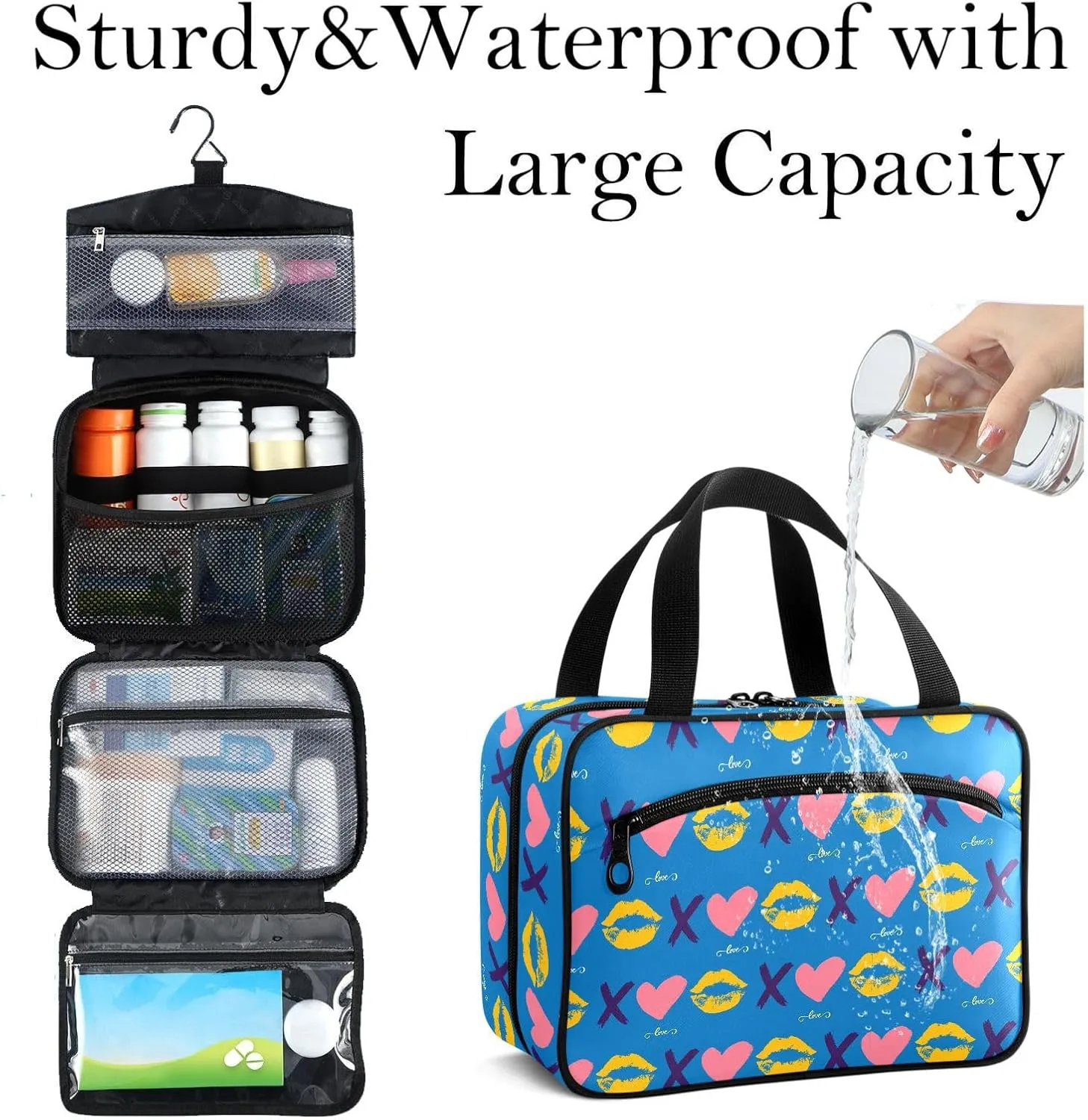 Travel Toiletry Bag for Woman/Men,Xo Valentine's Day Kisses and Hugs Blue Hanging Organizer Bag with Pockets Portable Folding Travel Case Bags for Makeup Cosmetic Toiletries Storage Traveling-L