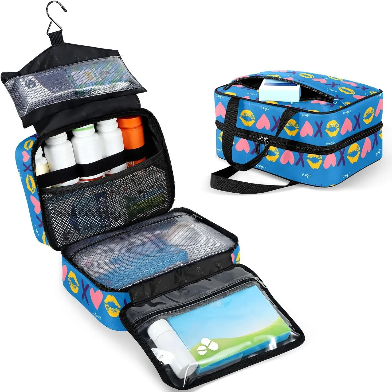Travel Toiletry Bag for Woman/Men,Xo Valentine's Day Kisses and Hugs Blue Hanging Organizer Bag with Pockets Portable Folding Travel Case Bags for Makeup Cosmetic Toiletries Storage Traveling-L
