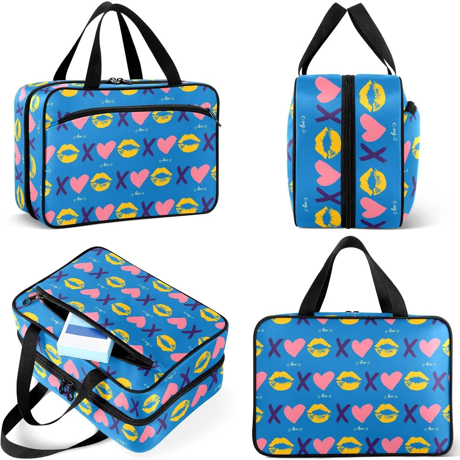 Travel Toiletry Bag for Woman/Men,Xo Valentine's Day Kisses and Hugs Blue Hanging Organizer Bag with Pockets Portable Folding Travel Case Bags for Makeup Cosmetic Toiletries Storage Traveling-L