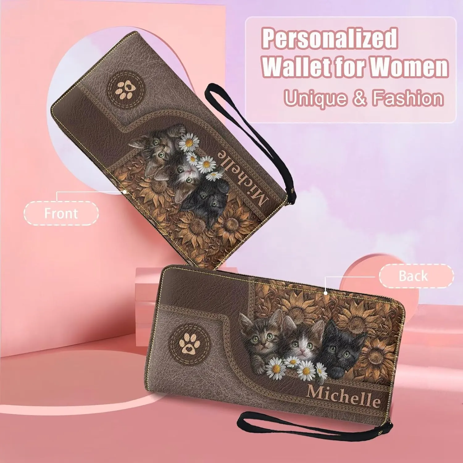 Tuoxiukan Customized Name Wallets for Women PU Leather Cat Wristlet Wallets Zip Around Phone Case Long Wallet Purse Personalized Gifts for Mom Girlfriend