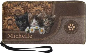 Tuoxiukan Customized Name Wallets for Women PU Leather Cat Wristlet Wallets Zip Around Phone Case Long Wallet Purse Personalized Gifts for Mom Girlfriend