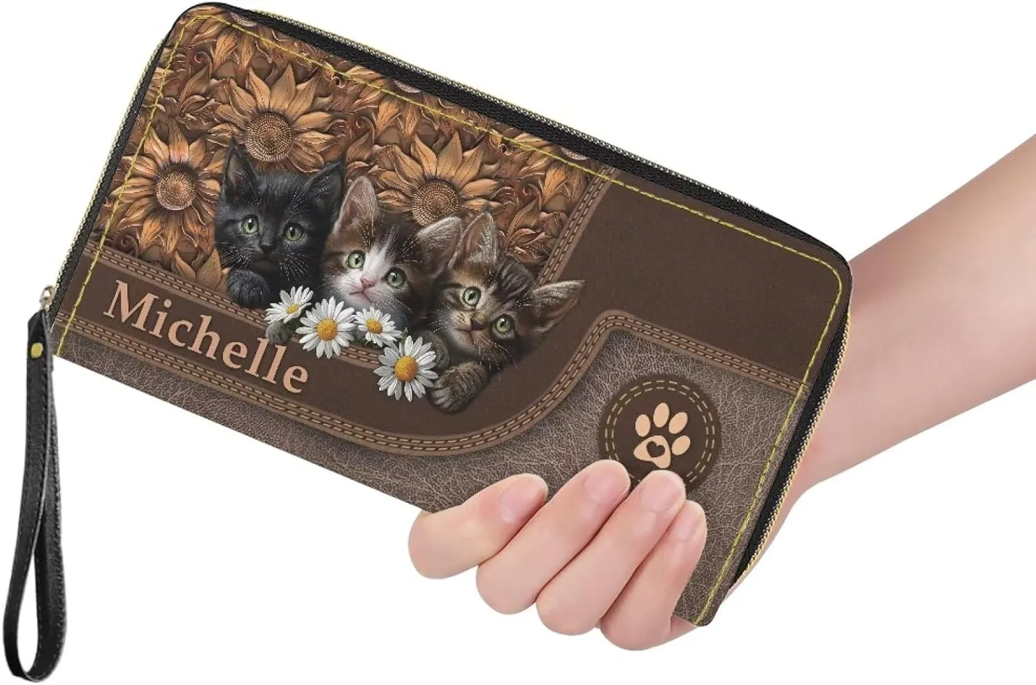 Tuoxiukan Customized Name Wallets for Women PU Leather Cat Wristlet Wallets Zip Around Phone Case Long Wallet Purse Personalized Gifts for Mom Girlfriend