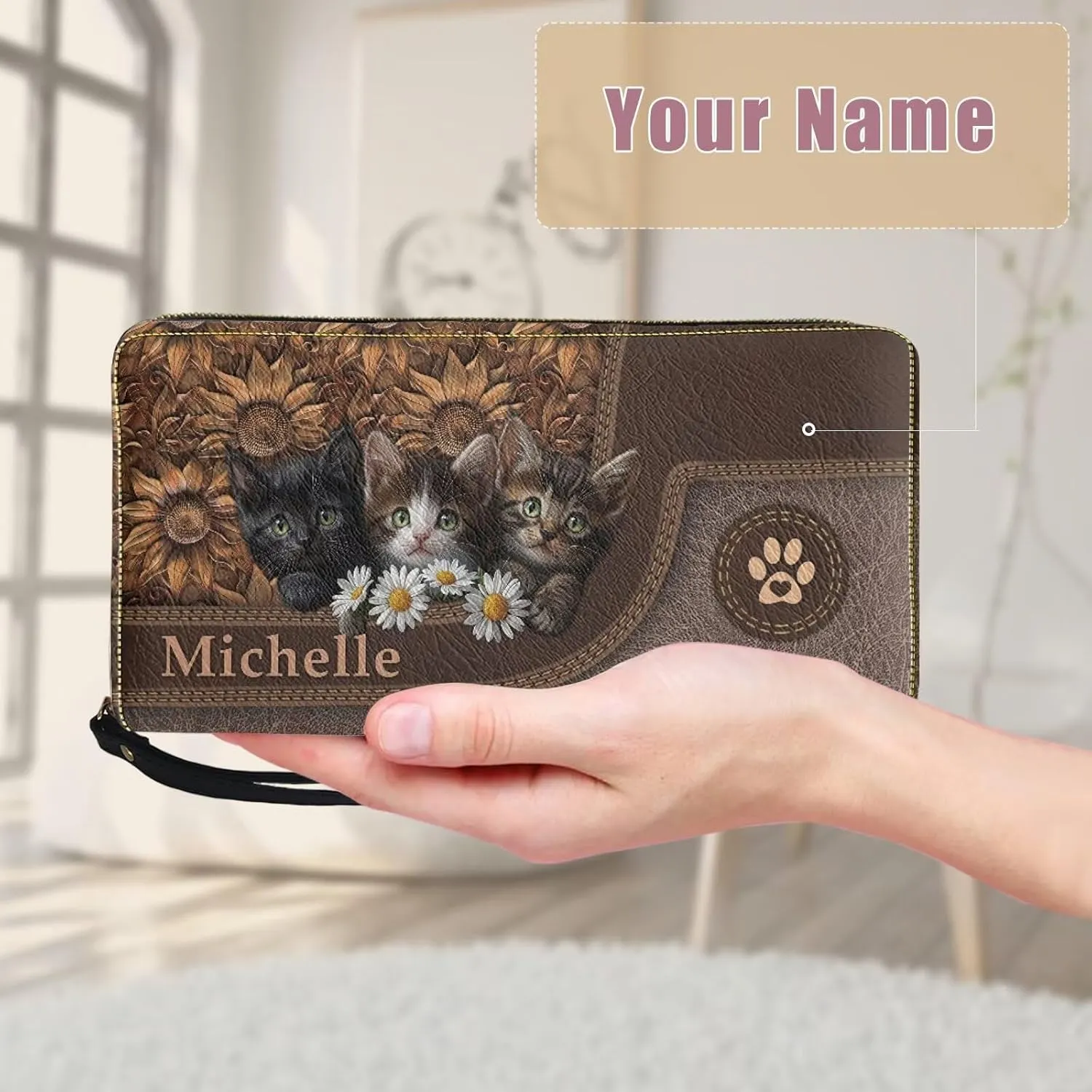 Tuoxiukan Customized Name Wallets for Women PU Leather Cat Wristlet Wallets Zip Around Phone Case Long Wallet Purse Personalized Gifts for Mom Girlfriend