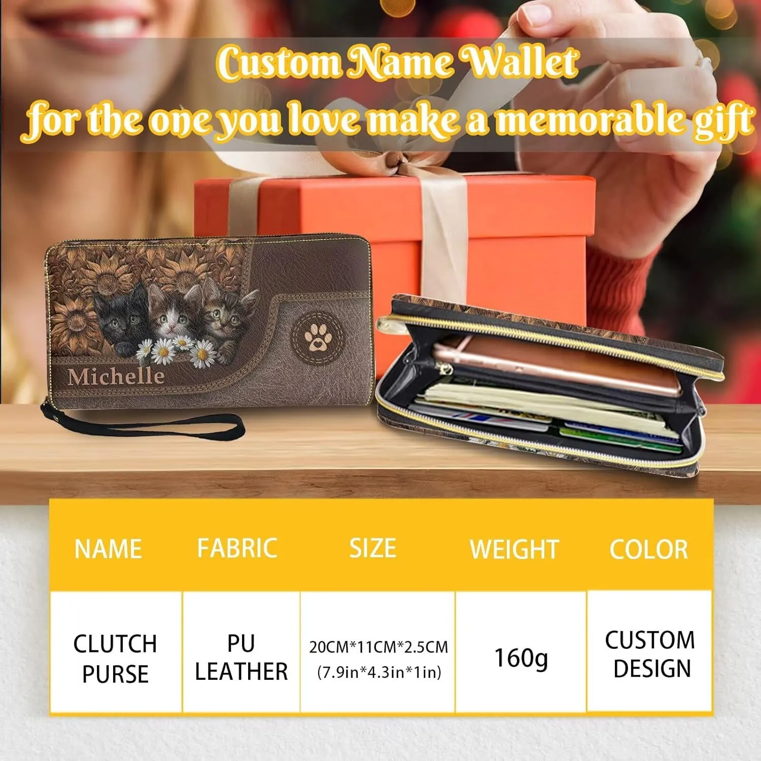 Tuoxiukan Customized Name Wallets for Women PU Leather Cat Wristlet Wallets Zip Around Phone Case Long Wallet Purse Personalized Gifts for Mom Girlfriend